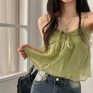 올리브 시스루 나시 슬리브리스 프릴 리본 연두색