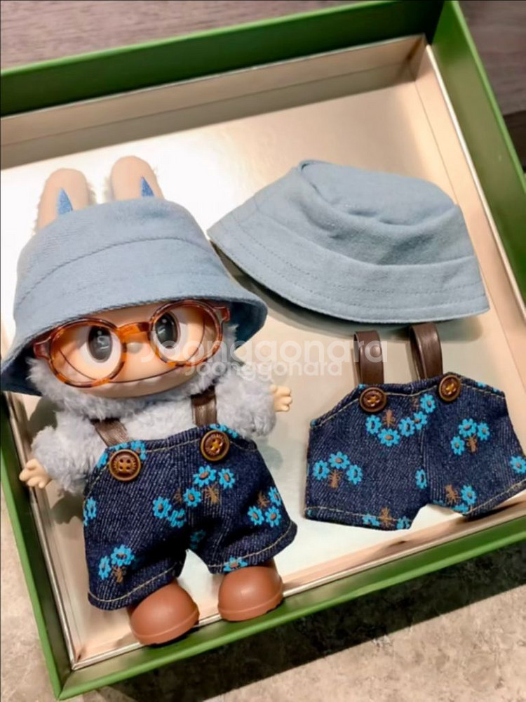 핸드메이드 라부부 인형옷 데님 멜빵바지 버킷햇모자세트--0