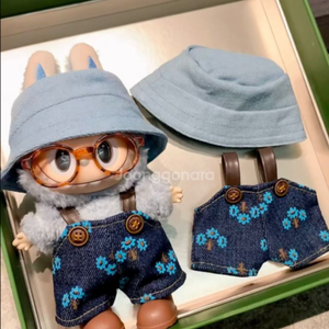 핸드메이드 라부부 인형옷 데님 멜빵바지 버킷햇모자세트