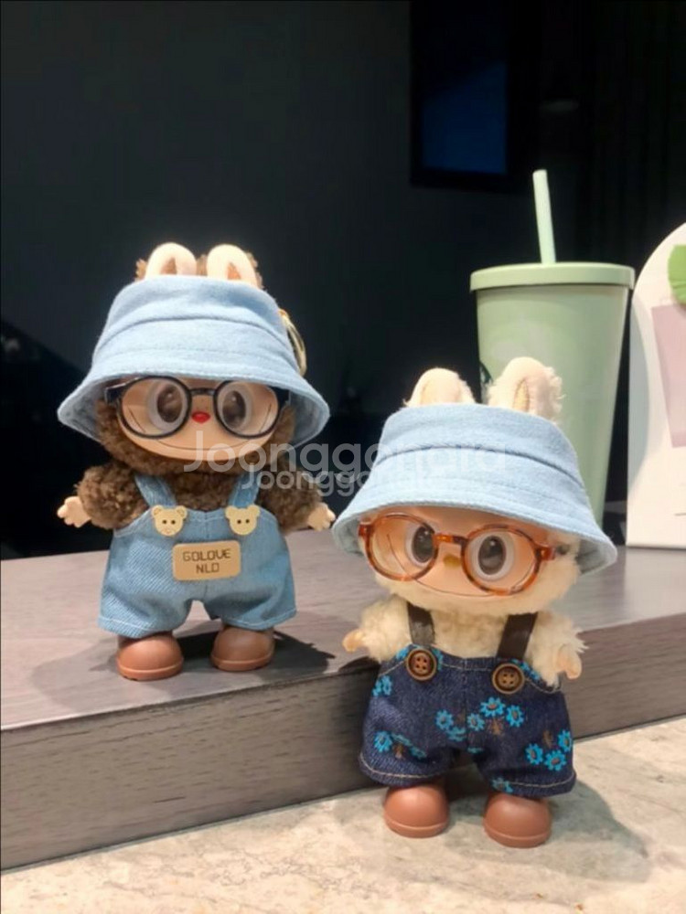 핸드메이드 라부부 인형옷 데님 멜빵바지 버킷햇모자세트--4