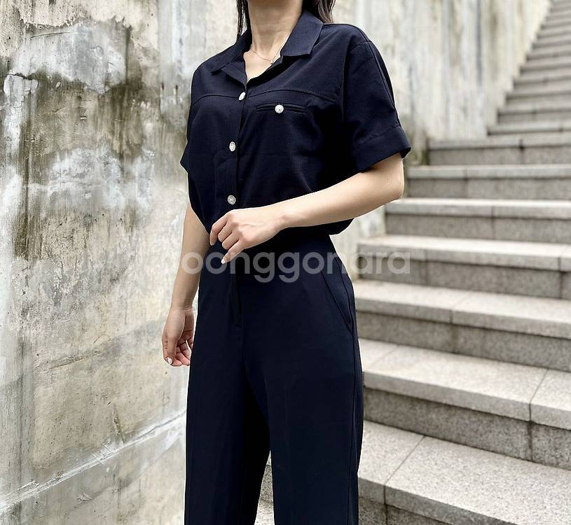 뒷단추 트임셔츠 네이비 단추 카라 반팔 셔츠 블라우스--5