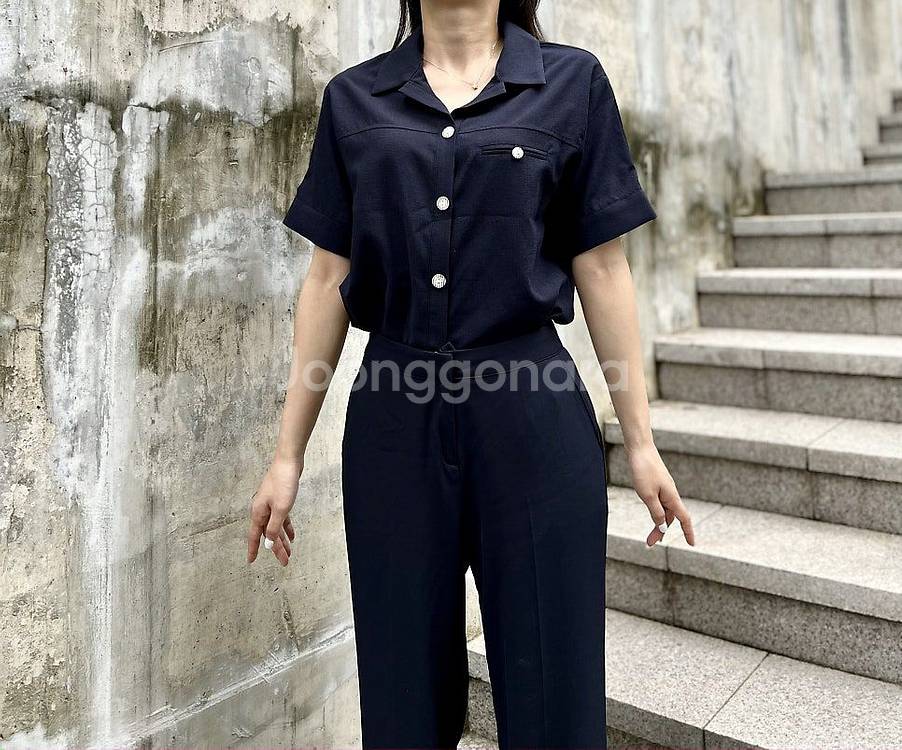 뒷단추 트임셔츠 네이비 단추 카라 반팔 셔츠 블라우스--6