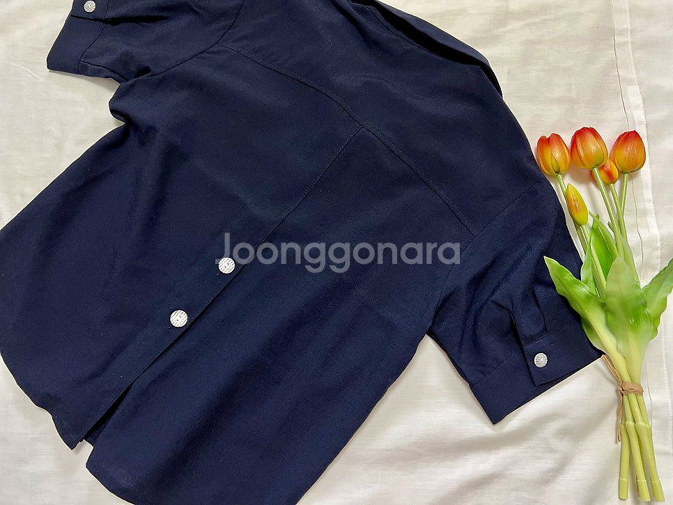 뒷단추 트임셔츠 네이비 단추 카라 반팔 셔츠 블라우스--9