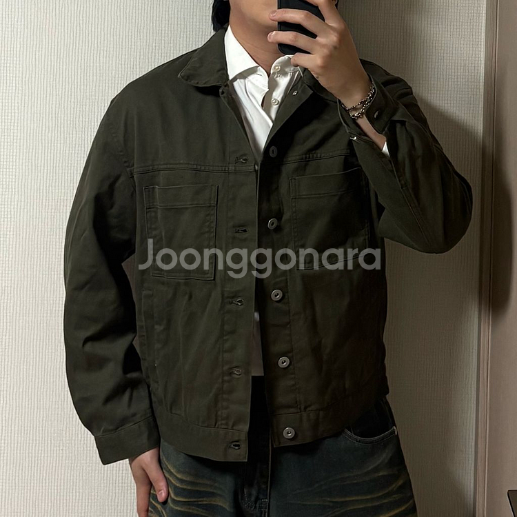 정품 무신사스탠다드 카키 릴렉스드 코튼 트러커 자켓--0