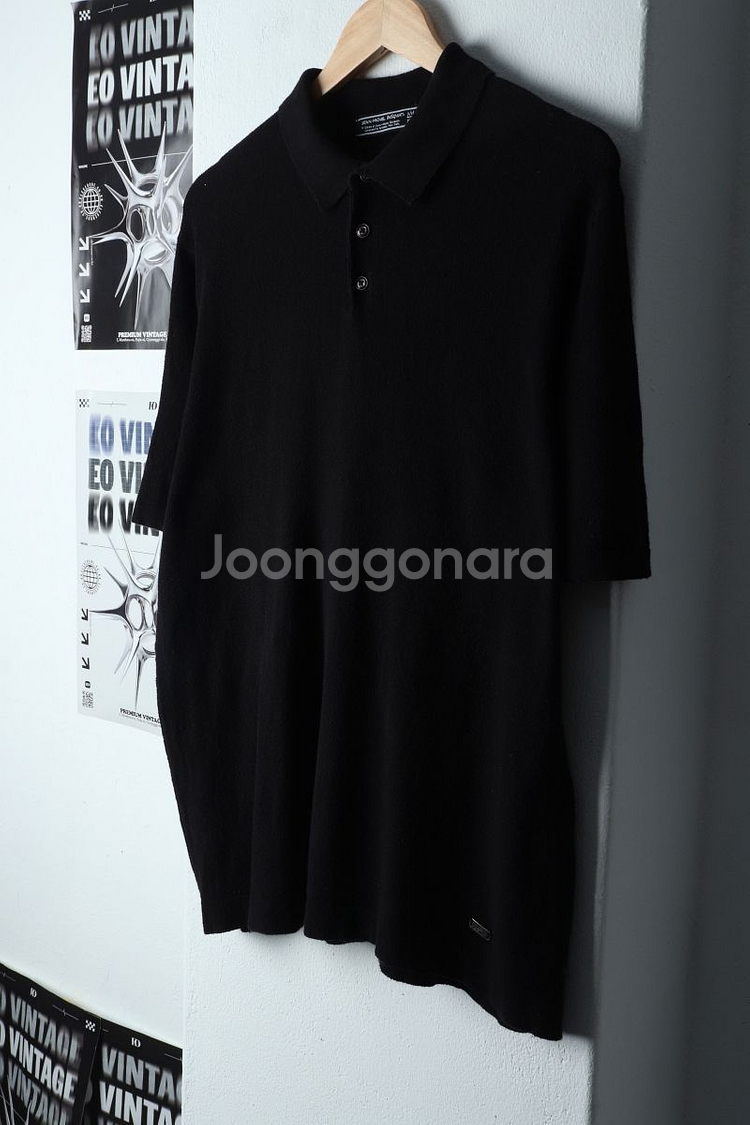 (XL) 바스키아 반팔 카라 티셔츠 블랙 무지 니트--0