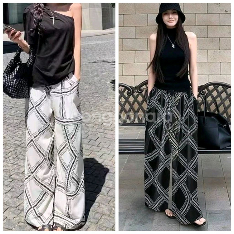 패턴 와이드 팬츠 허리 밴딩 통바지--0