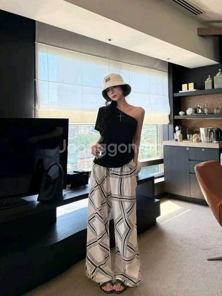 패턴 와이드 팬츠 허리 밴딩 통바지--1