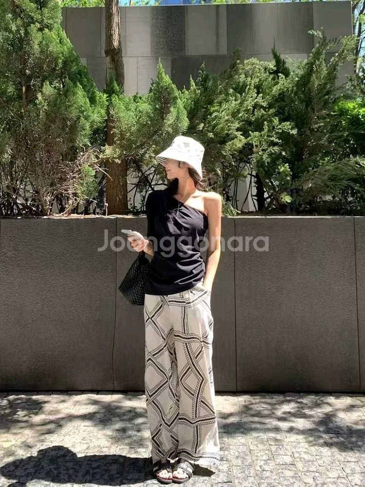 패턴 와이드 팬츠 허리 밴딩 통바지--4