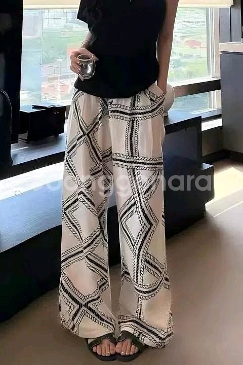 패턴 와이드 팬츠 허리 밴딩 통바지--7