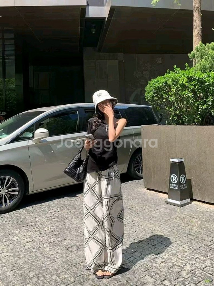 패턴 와이드 팬츠 허리 밴딩 통바지--6