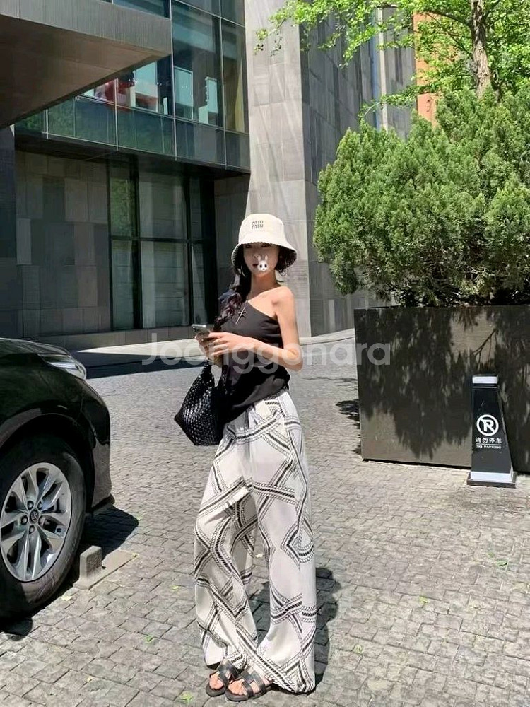 패턴 와이드 팬츠 허리 밴딩 통바지--5