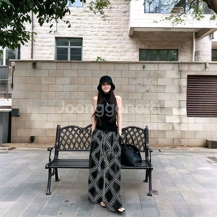 패턴 와이드 팬츠 허리 밴딩 통바지--8