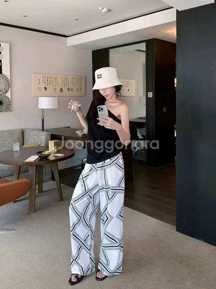 패턴 와이드 팬츠 허리 밴딩 통바지--3