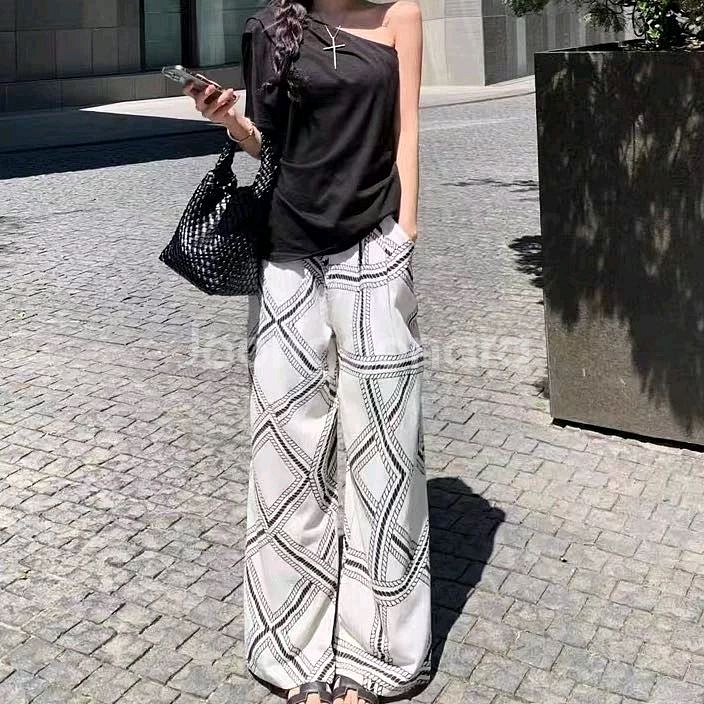 패턴 와이드 팬츠 허리 밴딩 통바지--9