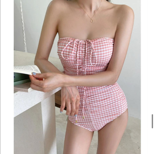 연핑크 체크 모노키니