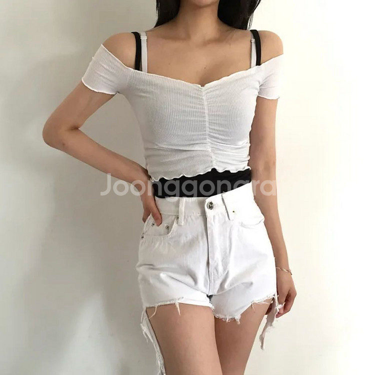 웨이브 골지 오프숄더 크롭 반팔 티셔츠 화이트--0