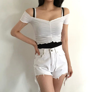 웨이브 골지 오프숄더 크롭 반팔 티셔츠 화이트