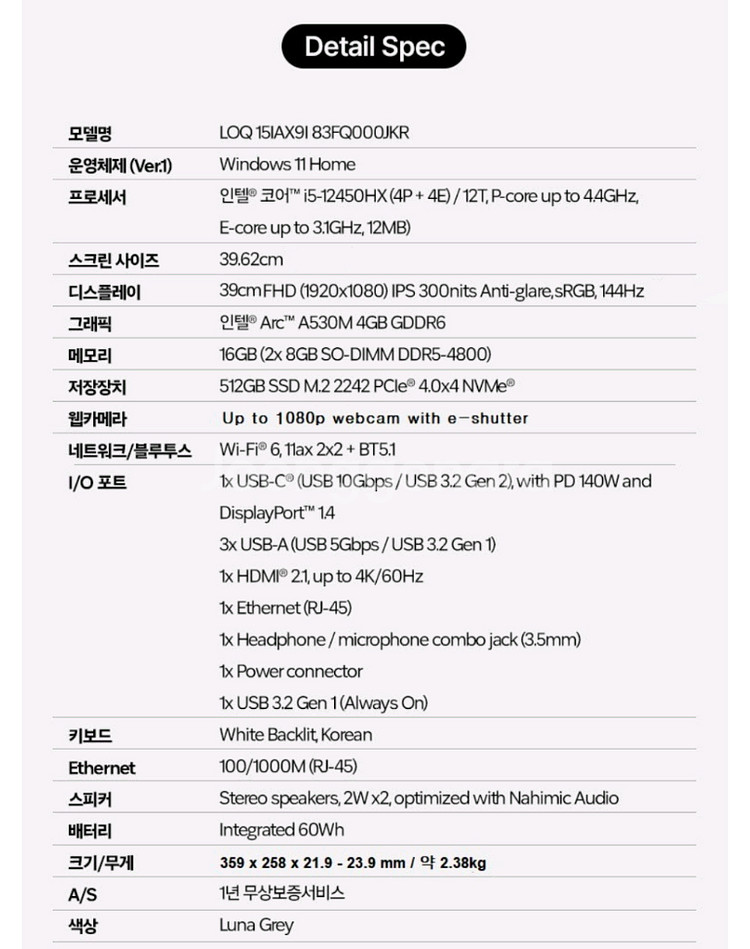 레노버 LOQ 15IAX9I 게이밍 노트북 i5 아크A--5