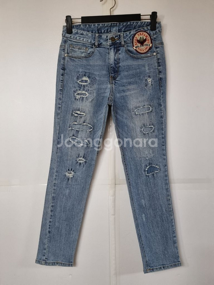 30)지프 가죽패치 워싱 찢청 스판 일자청바지--0