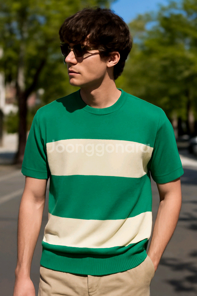 (1회착용)초록색 스트라이프 쿨니트 반팔티M(95~10--0