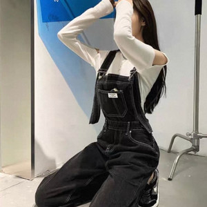 블랙 데님 멜빵 바지 Free