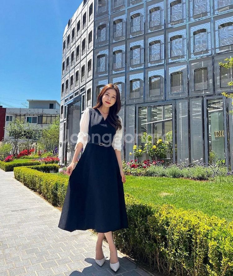 로아르 블랙 쉬폰 소매 원피스--1