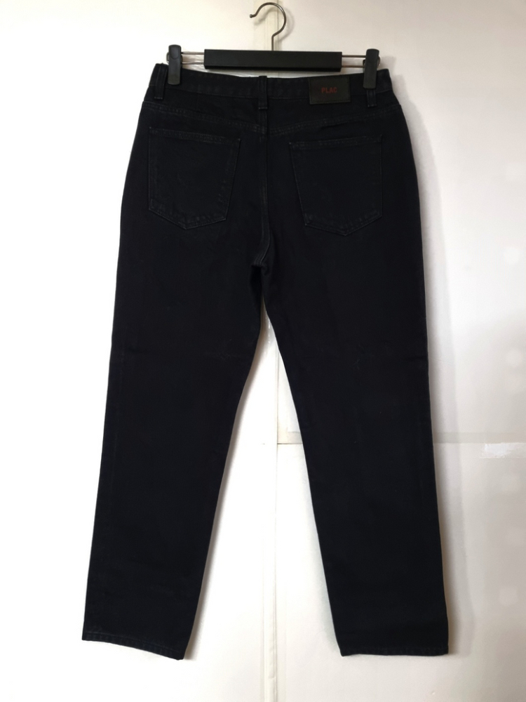 32)플랙진 가죽패치 블랙청바지 데님 생지 일자청바지--1