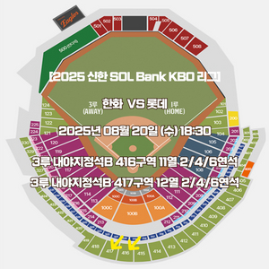8/20 한화 두산 수요일 3루 내야지정석B 2연석4연