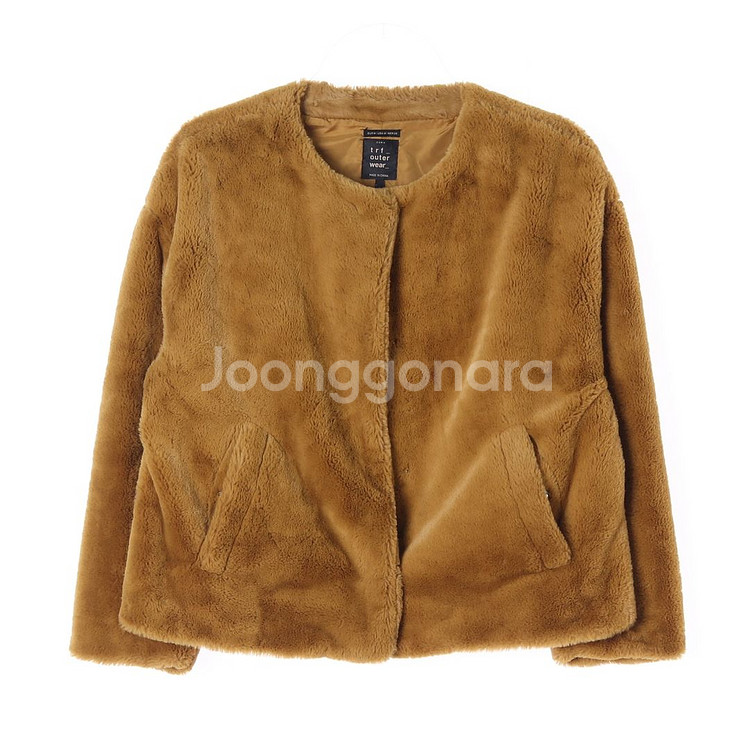 [M]자라 브라운 노카라 플러피 퍼재킷 모피코트--0
