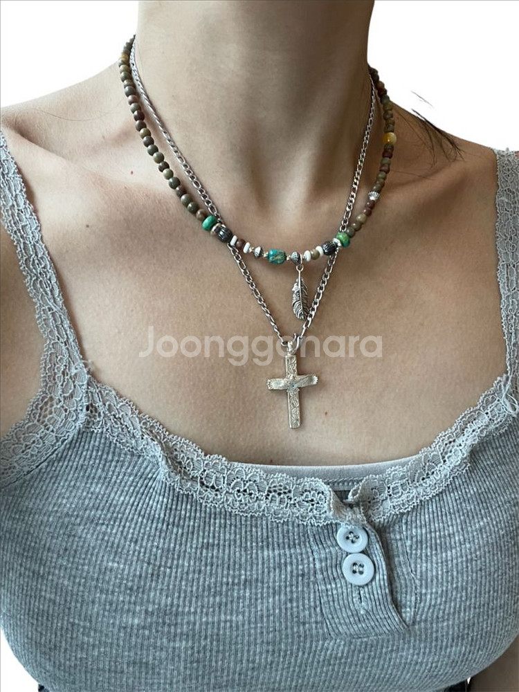 천연석 깃털 은목걸이 (42cm 조절 가능)--0