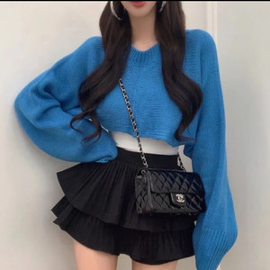 퍼프 크롭 루즈핏 니트 블루