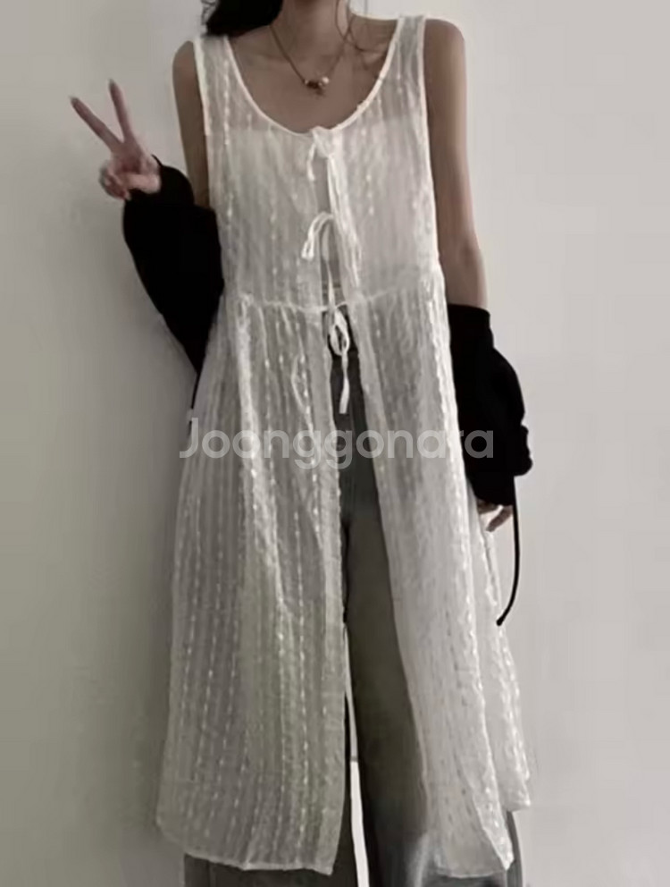 수입의류 새상품 시스루 레이어드 트임 리본 롱원피스--0