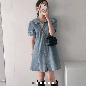 퍼프소매 데님 버튼 미니원피스