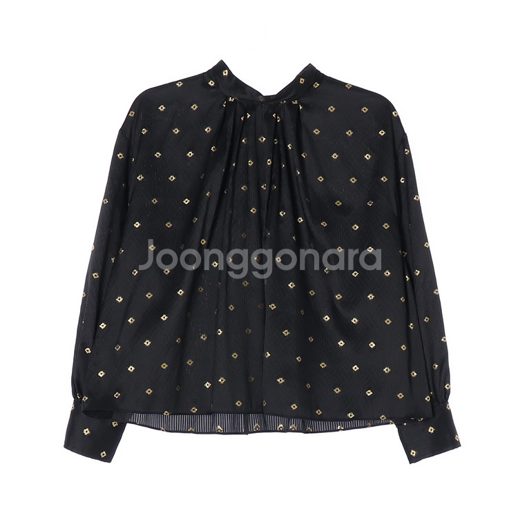 [S]모조에스핀 블랙 골드 패턴 백 리본 타이 블라우스--0