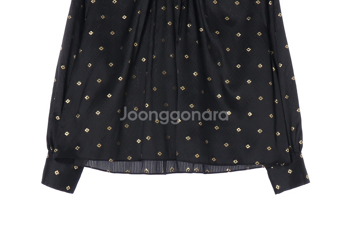 [S]모조에스핀 블랙 골드 패턴 백 리본 타이 블라우스--2