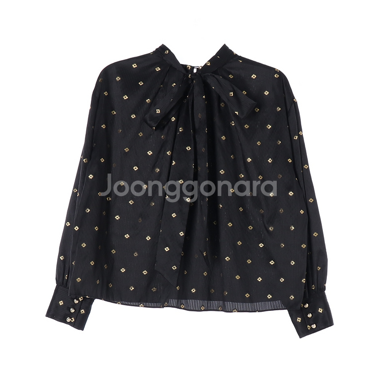 [S]모조에스핀 블랙 골드 패턴 백 리본 타이 블라우스--3