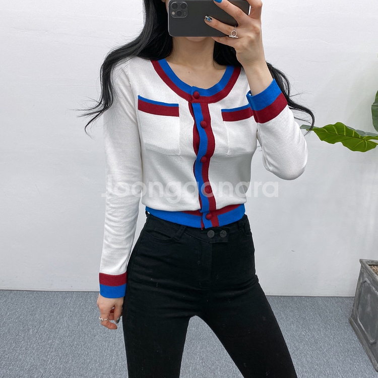 <최저가>(새상품) 에이블리 포켓 배색 니트가디건 프리--0