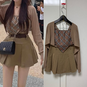 3ps)체크 튜브탑, 플리츠 스커트, 볼레로 가디건