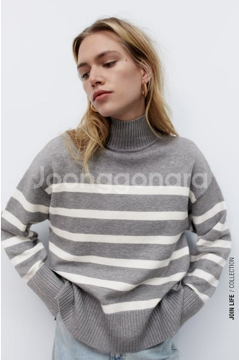 자라 스트라이프 니트 스웨터 폴라티 M--1
