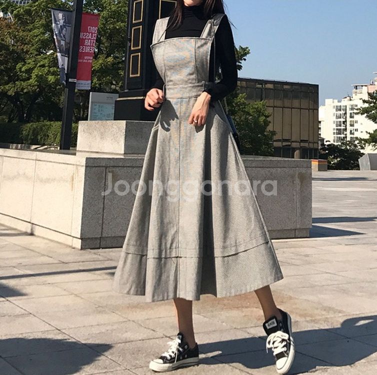 체크 멜빵 원피스 고퀄리티 멜빵 롱원피스--0