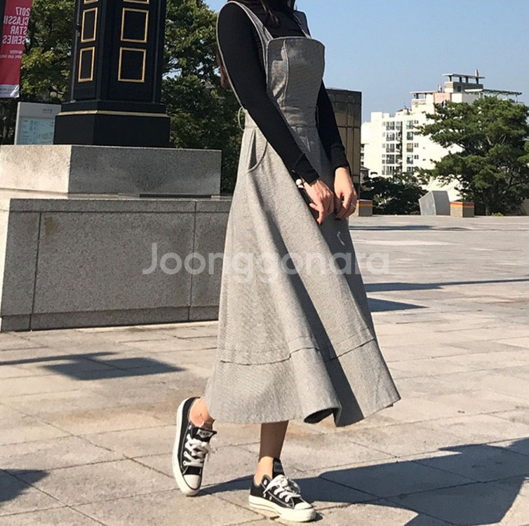 체크 멜빵 원피스 고퀄리티 멜빵 롱원피스--1