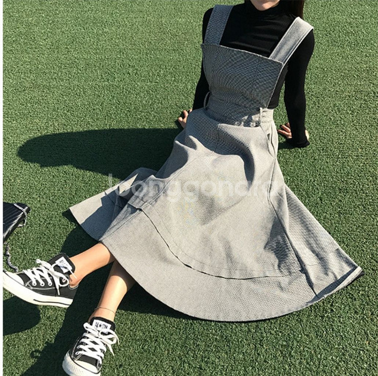 체크 멜빵 원피스 고퀄리티 멜빵 롱원피스--3