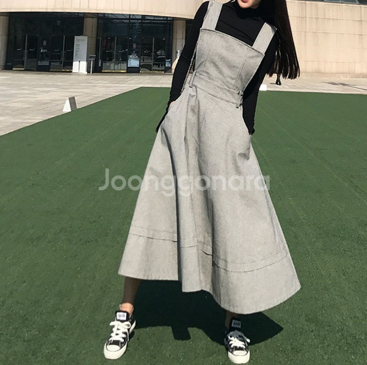 체크 멜빵 원피스 고퀄리티 멜빵 롱원피스--4