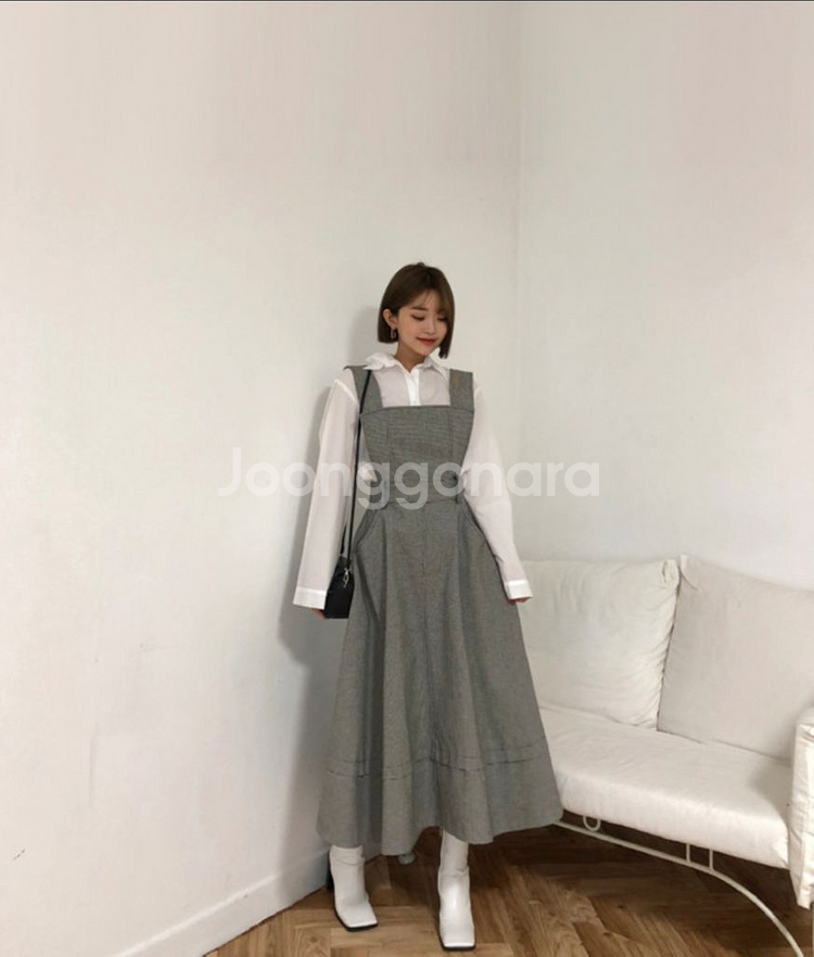 체크 멜빵 원피스 고퀄리티 멜빵 롱원피스--5