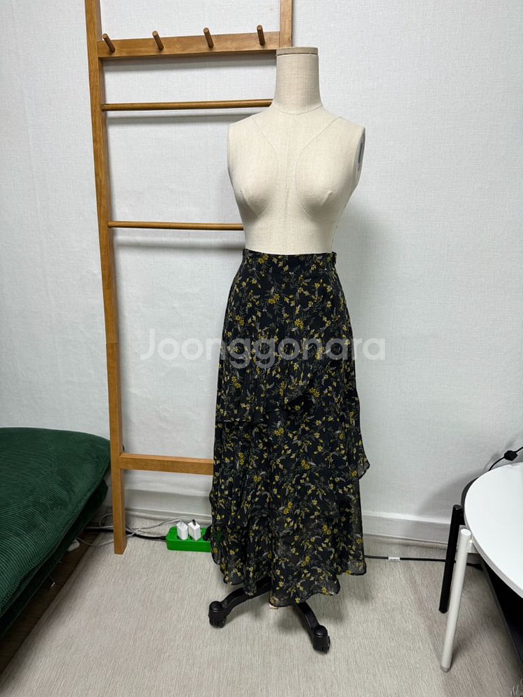 플라워 패턴 캉캉 롱스커트 쉬폰 플레어 스커트--0