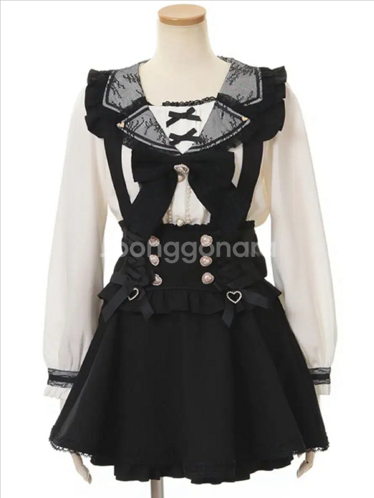 리즈리사 레이스업 서스펜더 멜빵 스커트 양산형 지뢰계--0