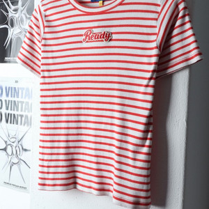 W(4XL) 브랜드빈티지 반팔 티셔츠 스트라이프 니트