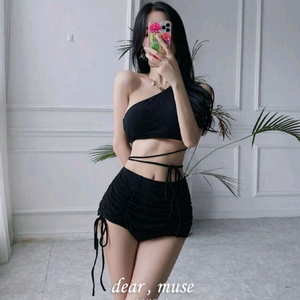 블랙 원숄더 셔링 비키니 수영복