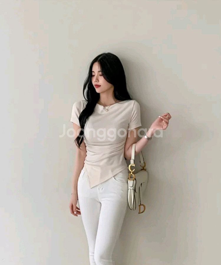 언발 오픈숄더 셔링 반팔 세미 크롭티--6