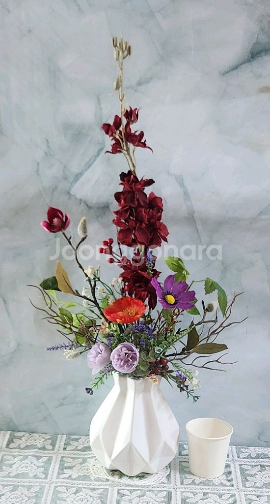 새상품)고급 레드퍼플톤 조화 도자기 화병--9